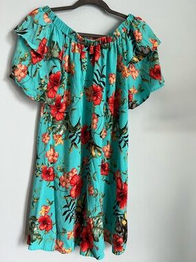 Turquoise Floral Off-Shoulder Mini Dress - Red Floral Print